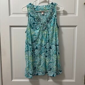 Women's Large 12/14 White Stag Blue Floral Sleeveless Tank Blouse